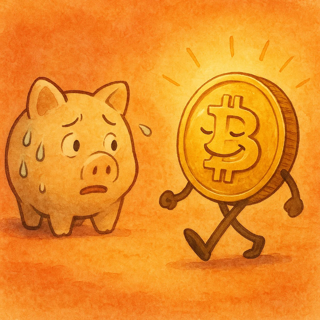 Bitcoin vs traditional savings - piggy bank losing value to inflation compared to Bitcoin